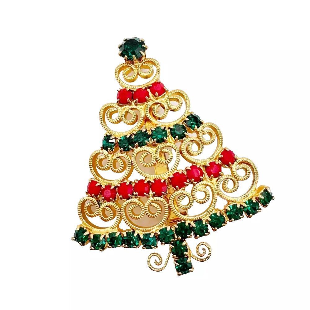 Vintage Rhinestone Christmas Tree Brooch Pin Gold Red Green